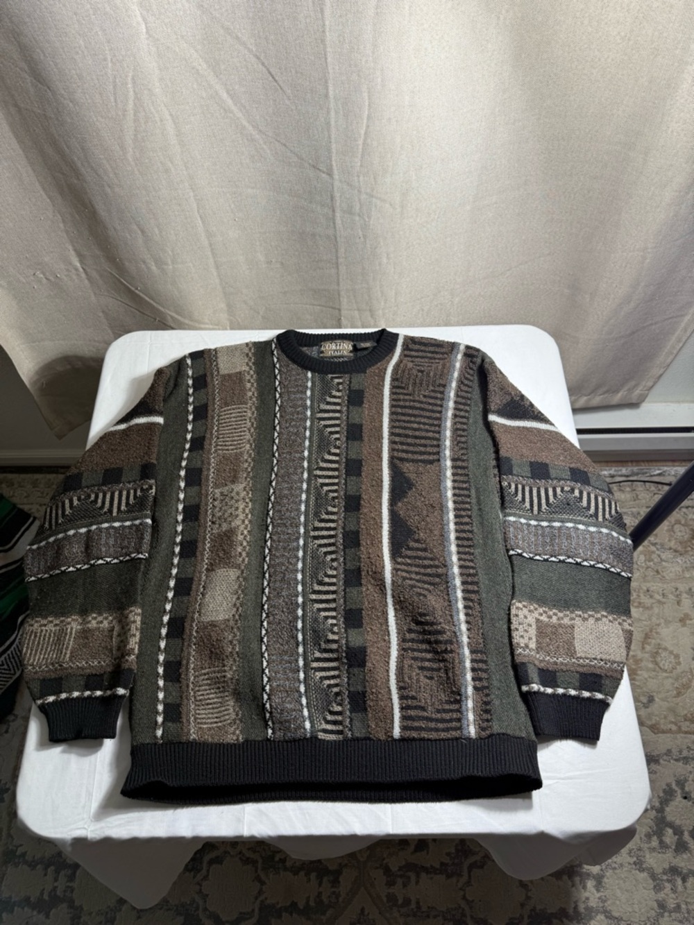 VTG Cortina Italia Textured Knit Sweater Made In Italy XL Coogi Style Wool Blend